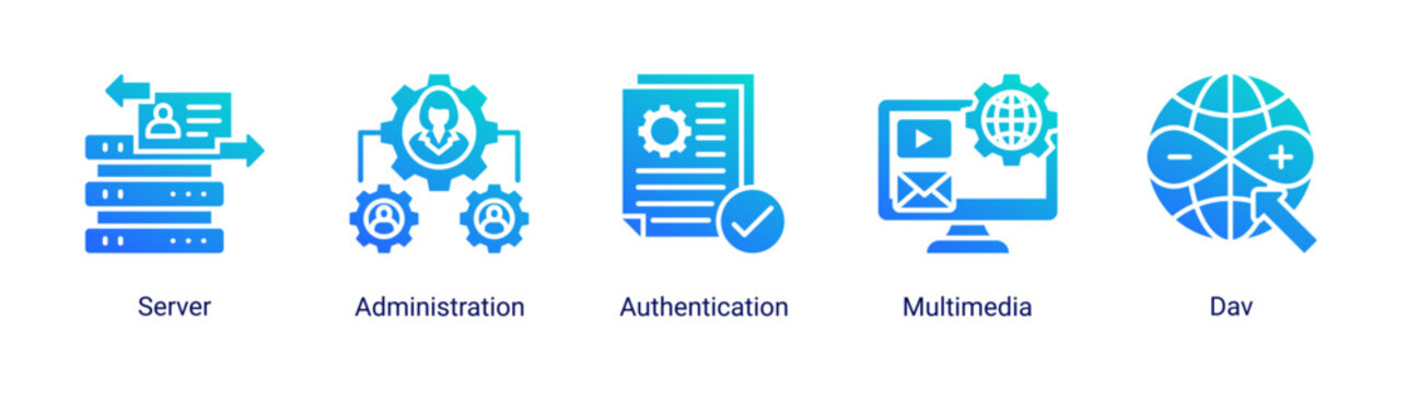 Media Hosting icon set vector illustration featuring multimedia servers,user authentication,and digital hosting concepts.