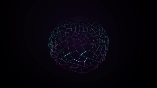 Sphere rotating in dark space animation motion footage. Rotating digital sphere with glowing neon nodes and connecting lines pulses rhythmically in this seamless dark abstract motion video animation