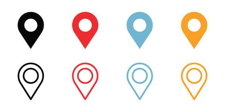 Colorful round map pin icons for navigation, location tracking, waypoint marking, and modern flat vector interface design.