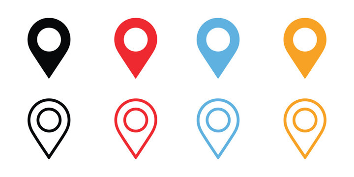 Colorful round map pin icons for navigation, location tracking, waypoint marking, and modern flat vector interface design.