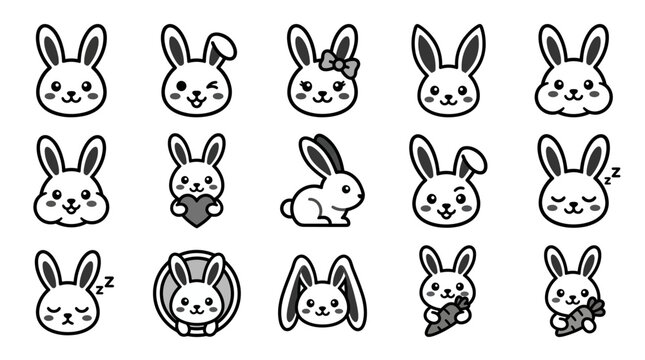 Cute rabbit head and circular emblem icon collection.