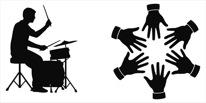 Silhouette of a drummer playing drums and a circle of hands reaching inwards Keywords: drummer, drums, music, musician