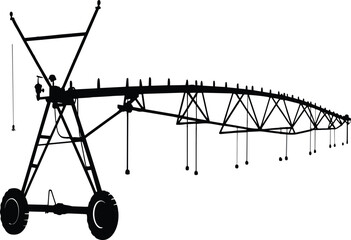 Silhouette of an agricultural irrigation system with wheels and long boom Keywords: irrigation, agriculture, farm, water, system © MdMirajul