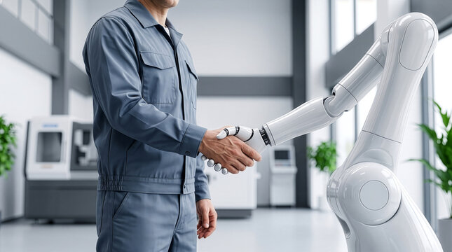 近代的な工場でロボットアームと握手を交わす作業服姿のエンジニア。人間とロボットの協調、製造業のDX、AIテクノロジーによる自動化や次世代のスマートファクトリーをイメージしたビジネス素材