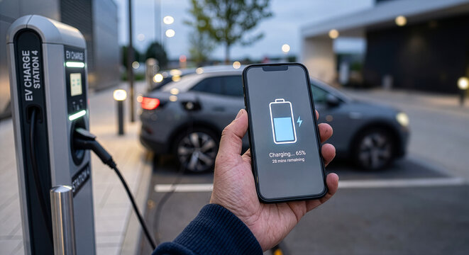 EV充電スタンドで電気自動車を充電中、スマホアプリでバッテリー残量や充電状況を確認する手元のカット。次世代モビリティ、サステナブル、エコ、スマートライフをイメージしたライフスタイル素材