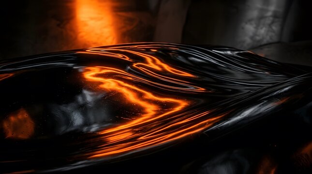 Black glossy surface with orange reflections and cinematic glow, luxury abstract texture, dramatic lighting, ultra realistic, high resolution