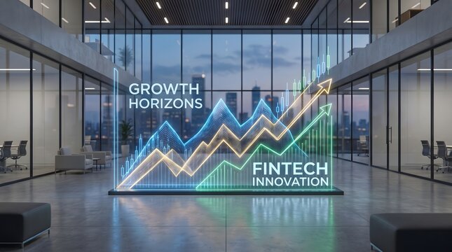 Glowing neon financial growth chart showing rising trends and fintech innovation displayed within a modern corporate office interior workspace environment