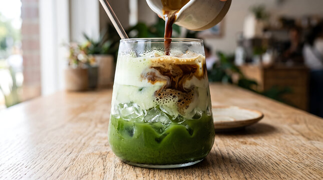 Side view of dark espresso being poured over iced matcha green tea latte in a clear glass on a wooden table