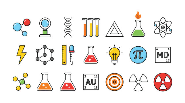 science doodle icon illustrations featuring chemistry equipment, biology symbols, math signs, learning tools, and hand drawn vector designs for education.
