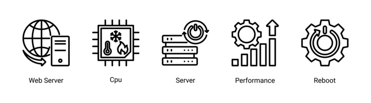 Server Performance icon set vector illustration featuring web hosting,cpu optimization,and server maintenance concepts.
