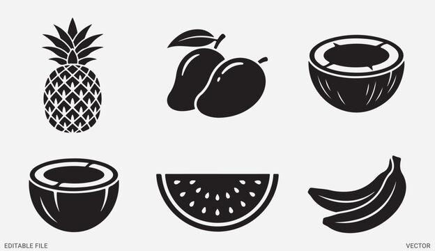 Tropical fruits set vector with pineapple mango coconut watermelon slice and banana silhouette graphics