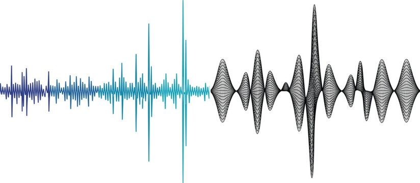 Sound wave audio frequency waveform icon in blue and black colors for music and voice signal illustration design