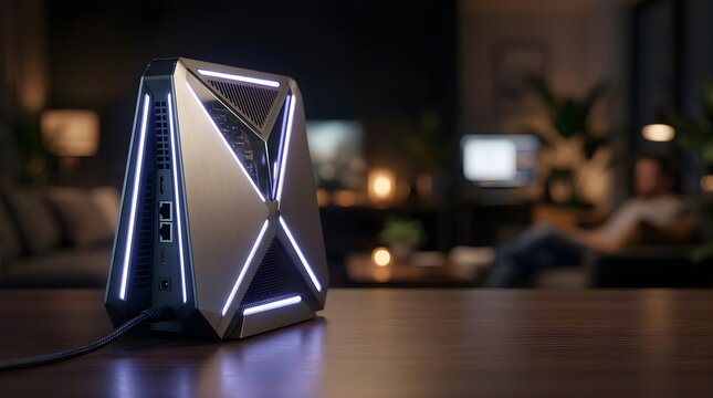 Futuristic metallic desktop gaming computer tower with glowing LED lights
