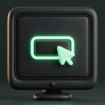 A black clay monitor displays a neon mint cursor clicking a buy button in a dark tech environment.