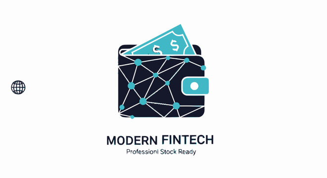 Modern fintech logo design featuring a digital wallet with network connections and money.