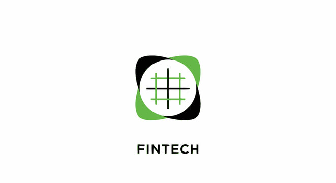 Modern fintech logo design template with green and black abstract icon on white background.