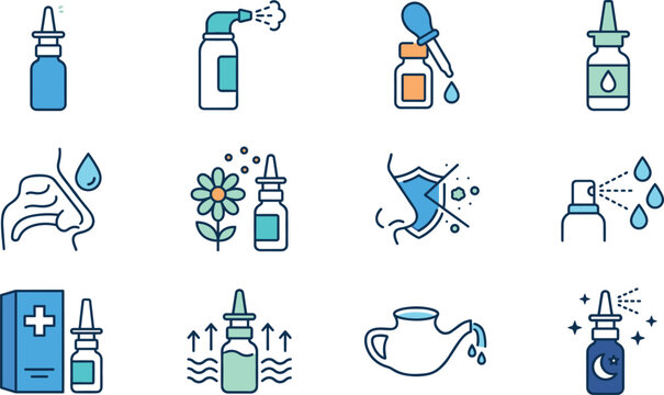 Nasal spray and sinus allergy relief icon set with medicine bottle dropper neti pot nose anatomy and aerosol
