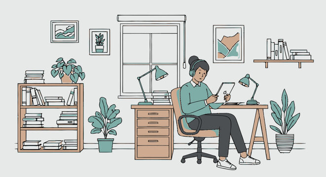Modern Workspace with Woman Working at Desk in Cozy Room.