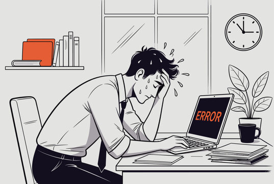 Stressed businessman at an office desk holding his head in despair while his laptop screen displays a critical system error message.