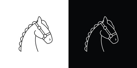 Minimalist line art icon illustration of horse head with halter and braided mane in black and white © Tifany