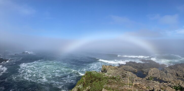 Rare fogbow over the Pacific Ocean coastline in Nemuro, Hokkaido, Japan