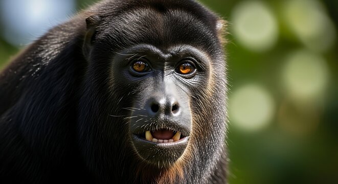 Expressive Black Howler Monkey Looking Forward in Sunlit Forest