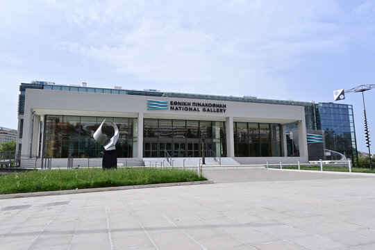 Athens, Greece-May 3,2021 &Tau;he new building of the  National Gallery. Nice blue sky at the background.