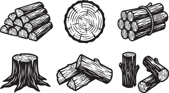 Set of black and white wood log vector graphic icons isolated on transparent background