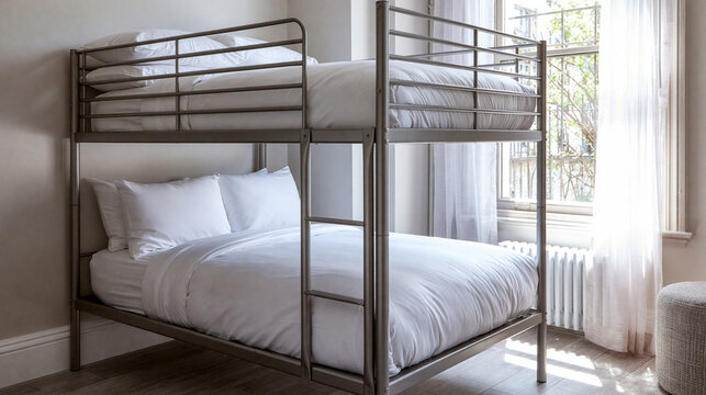 Bedroom interior featuring a dark metal frame bunk bed with clean white bedding and natural window light.