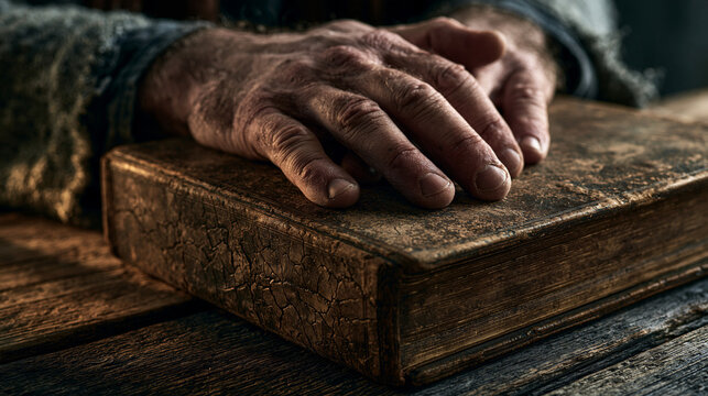 Close up of an old man wrinkled hands resting reverently on a heavy ancient leather bound book on a rustic wooden table.