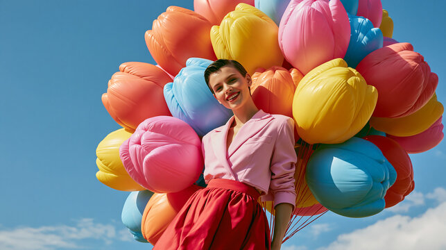 Happy stylish woman holding a huge bundle of colorful tulip shaped balloons against a blue sky.