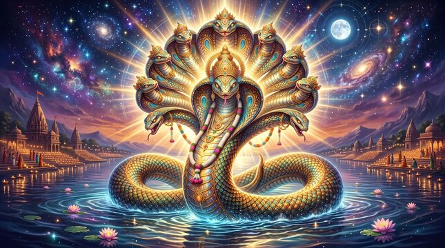 Divine Multi Headed Serpent Sheshnag Rising from Sacred River with Cosmic Galaxy Night Sky Background for Nag Panchami Festival