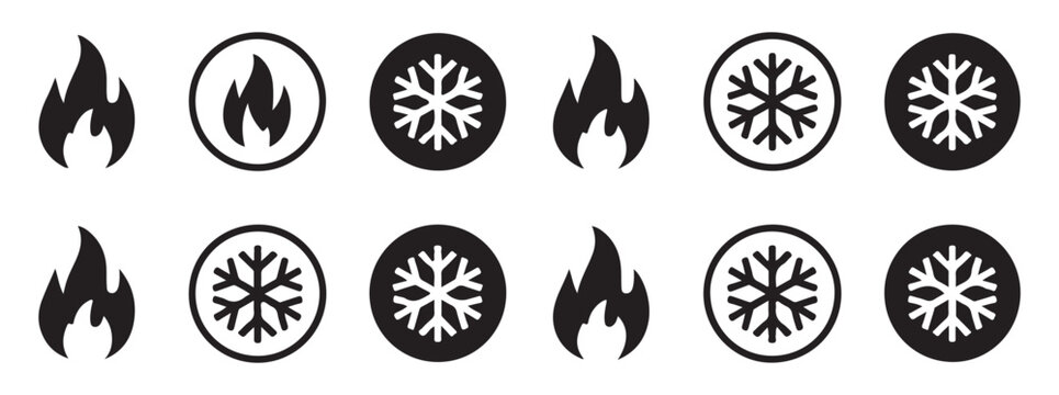 Set of black weather icons with fire flame and snowflake symbols for climate temperature control interface design.