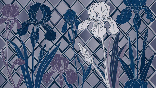Elegant iris flower illustration with navy and purple tones on a geometric diamond grid background.