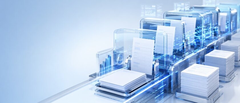 futuristic document processing system with digital data flow in blue