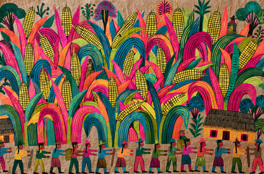 Traditional Mexican Amate bark painting illustration of a vibrant village harvest