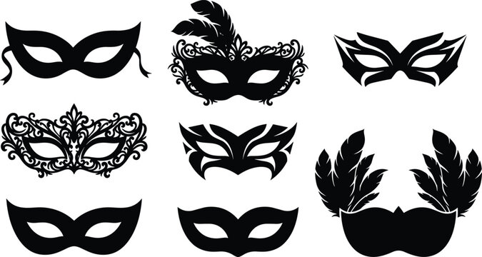 Carnival masquerade mask silhouette icons set featuring ornate venetian lace filigree feathers and decorative festival face wear templates