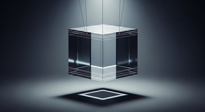 A transparent glass cube suspended in space, illuminated by spotlights, casting a shadow