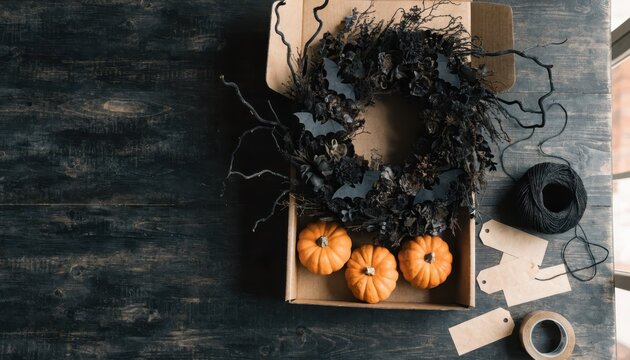 Black wreath and pumpkins arranged inside a cardboard box on dark wooden surface