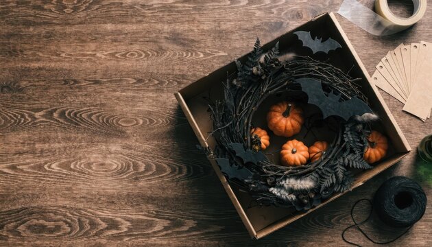 Halloween wreath and pumpkins inside a cardboard box on wooden surface