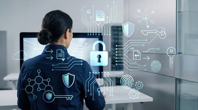 Cybersecurity concept showing woman looking at computer screen with holographic icons of padlock, shield, key, fingerprint, and data protection symbols representing internet saf...