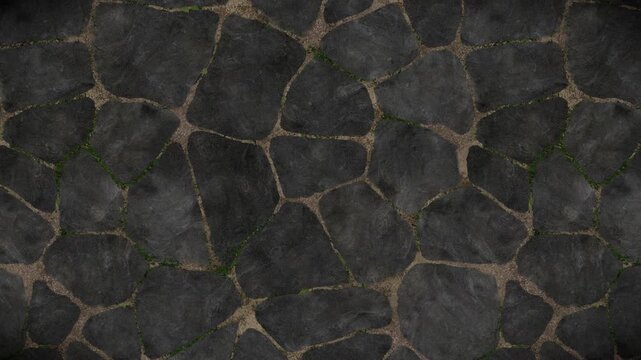 Abstract pattern background, dark grey irregular stone tiles with tan earth and green moss, a seamless loop video