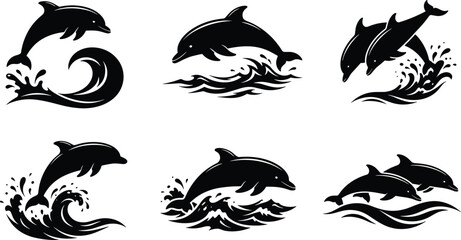 Naklejka premium Dolphin jumping ocean wave silhouette vector icon set marine animal sea creature splash splash water surfing graphic element collection design template