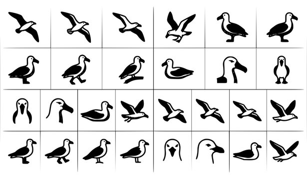 Editable albatross and seagull bird icon set vector bundle with flying seabird silhouettes isolated on white background