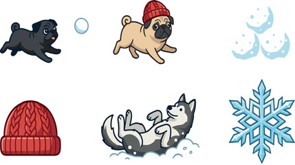 Cute Dogs Winter Snow Activity Vector Set Featuring Pugs Siberian Husky Beanie Snowball and Snowflake © MdImran