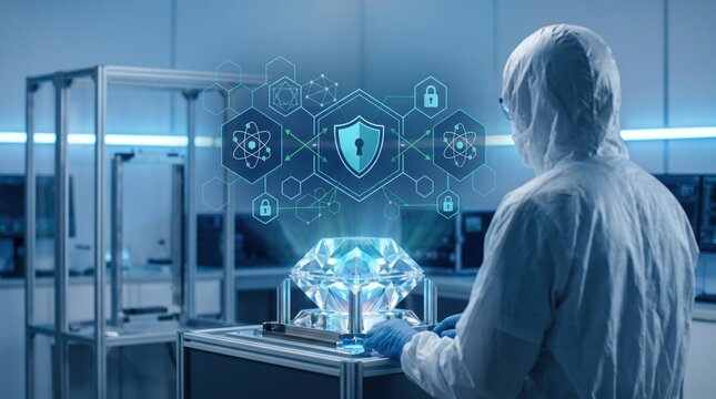 Scientist analyzing holographic diamond data in laboratory, advanced technology research concept with security shield icons, atomic structure visualization, futuristic digital i...