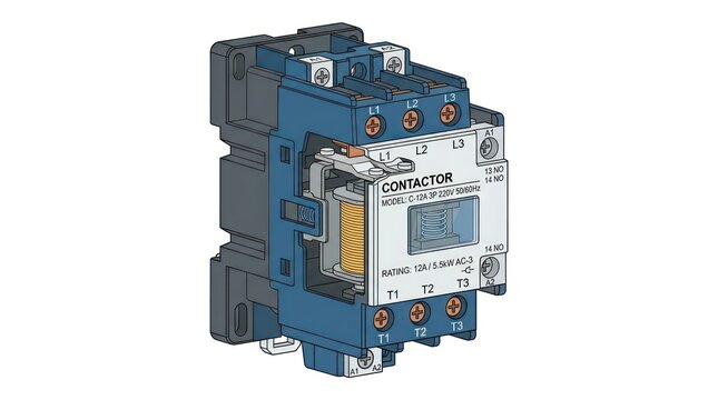 Three phase electrical contactor with transparent housing showing internal mechanisms.