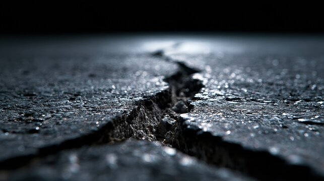 Cracks are visible in the asphalt road surface caused by extreme heat. The focus highlights infrastructure stress in dark lighting.