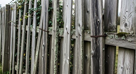 Obraz premium Weathered Wooden Fence with Lichen and Green Ivy in Outdoor Garden Setting