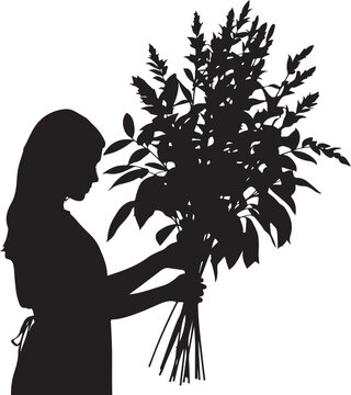 Silhouette of a woman holding a large bouquet of leaves